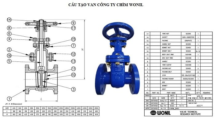 Cấu tạo van cổng ty chìm Wonil Hàn Quốc