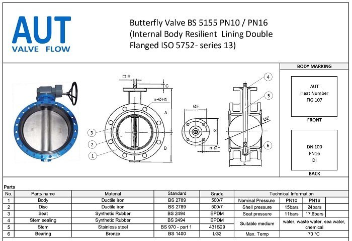 Cấu tạo van bướm mặt bích AUT DN50